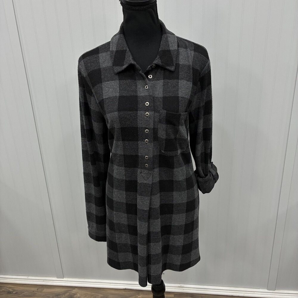 Soft Surroundings Women Large Gray & Black Buffalo Check Tunic Long Sleeve Top